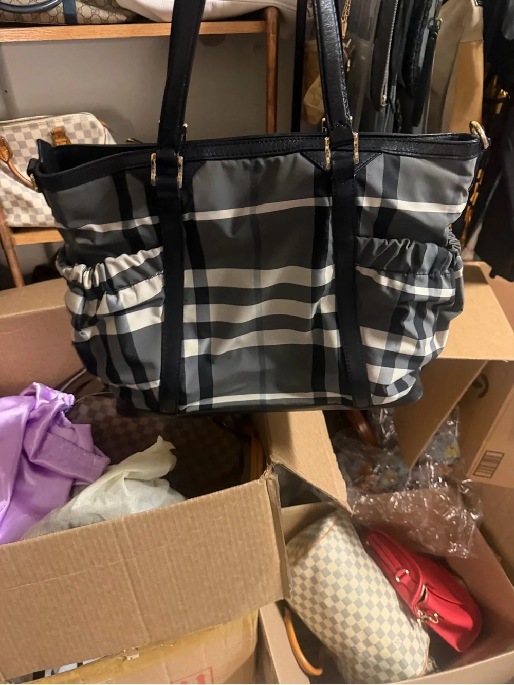 Burberry Black and Gray Plaid baby Tote with Leather Trim